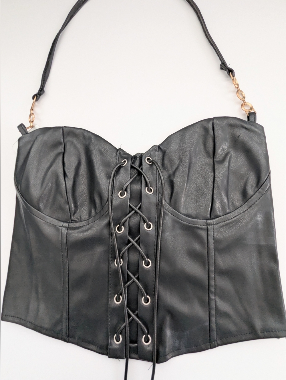 Women's (Large) Edgy Black Faux-Leather Lace-up Bustier/Corset w/Elastic Back